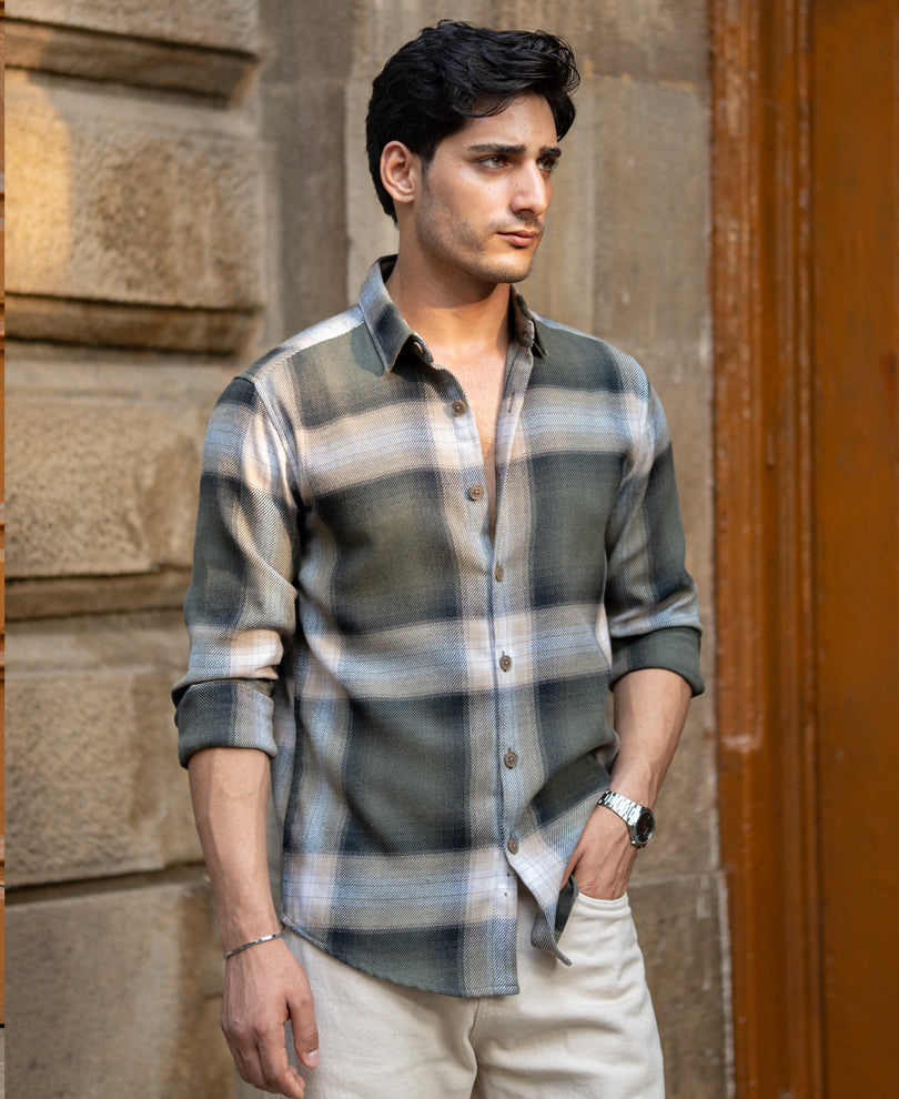 Olive Twill Checks Shirt