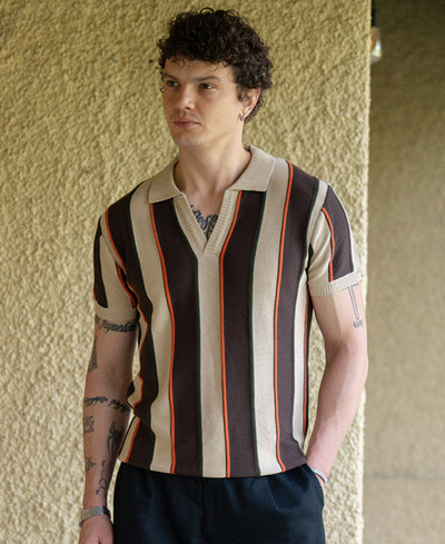 Beige Stripe Knit T-Shirt 100% Cotton