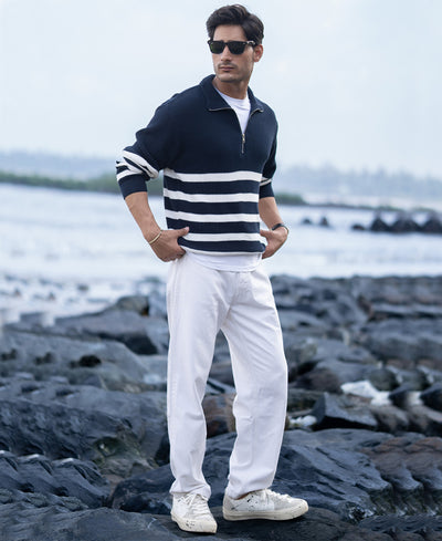 Navy Striped Zipper Neck Sweater