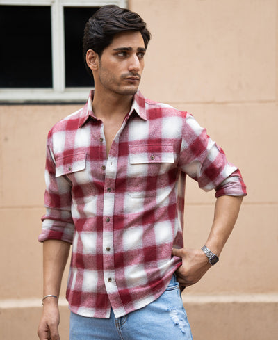 Maroon Checks Double Pocket Shirt