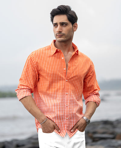 Orange Spray Checks Shirt