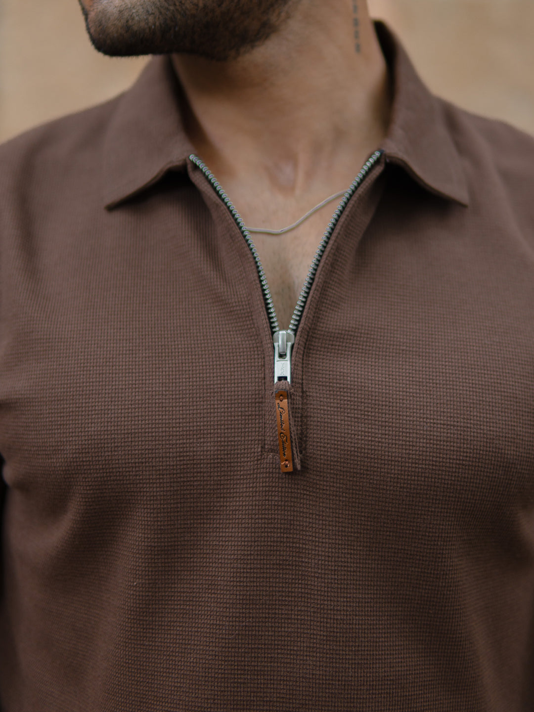 Brown Knit Zipper Polo T-Shirt