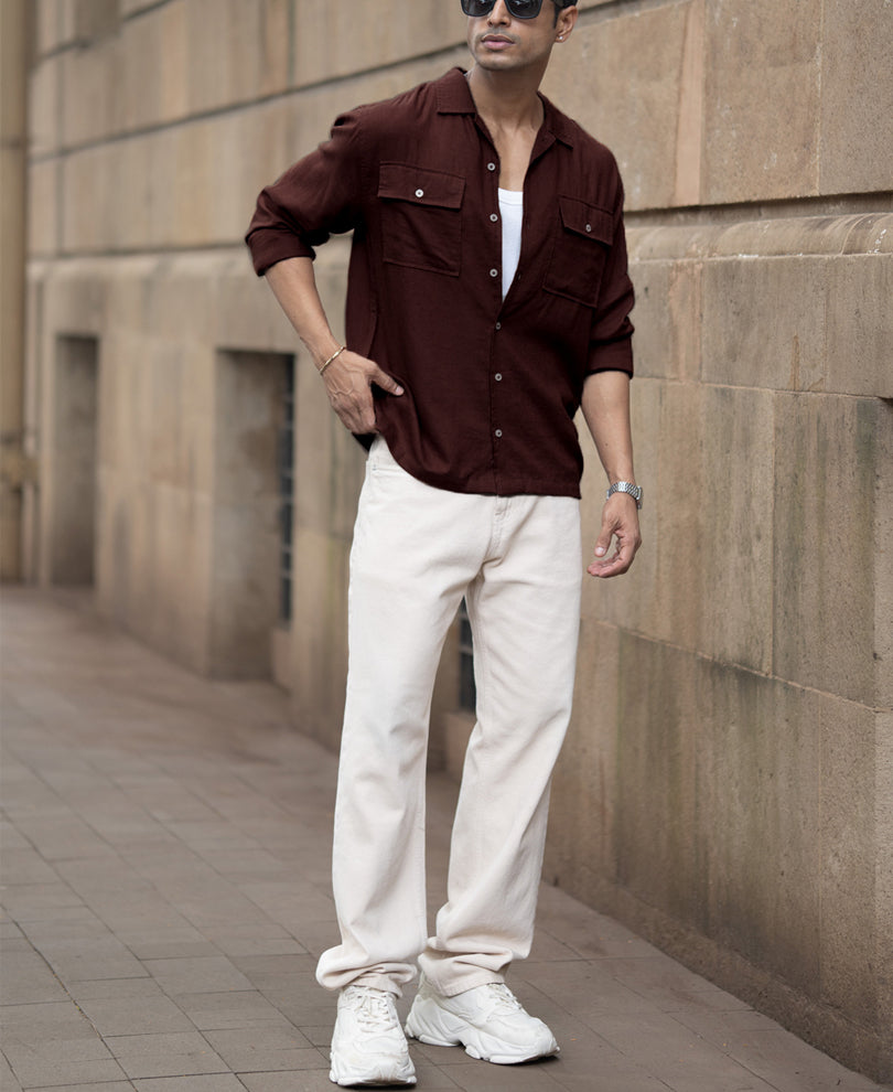 Wine Linen Double Pocket Shirt