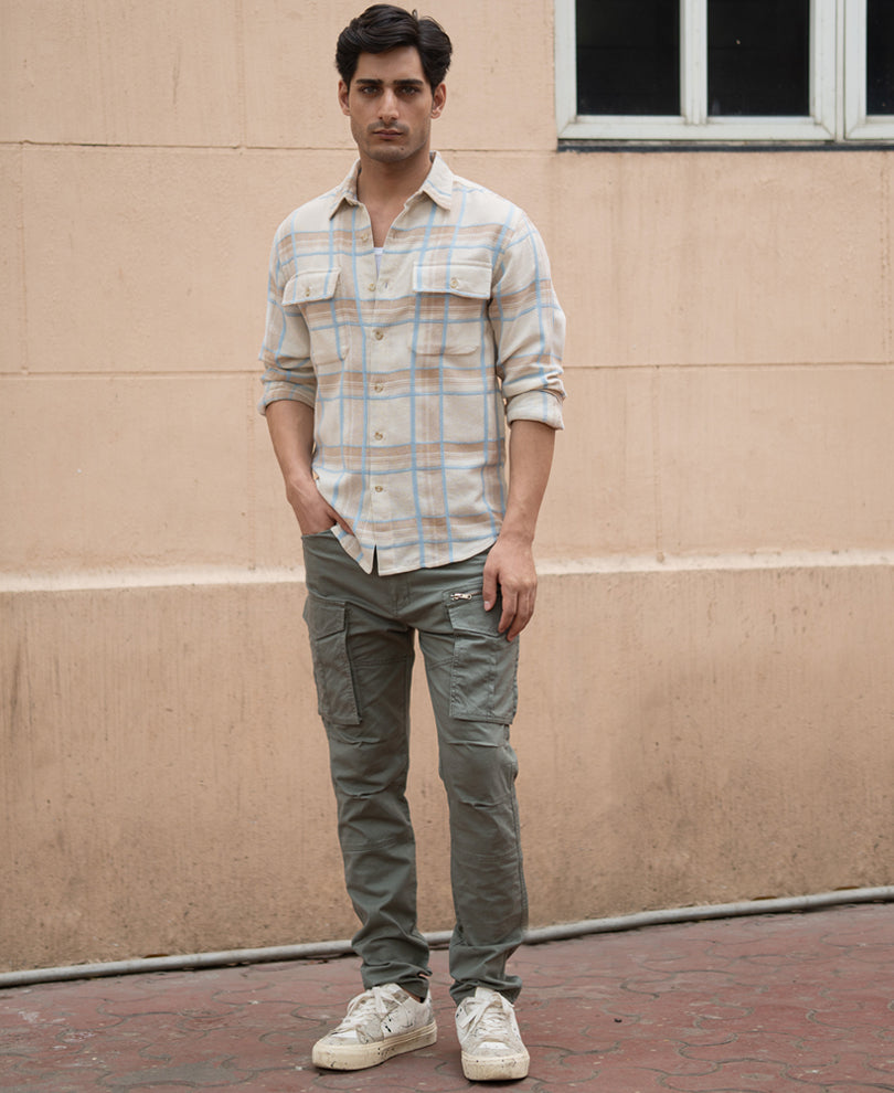 Beige Double Pocket Checks Shirt.