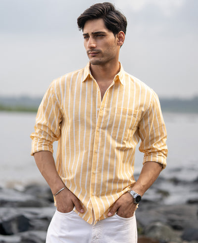 Yellow Cotton Blend Stripe Shirt