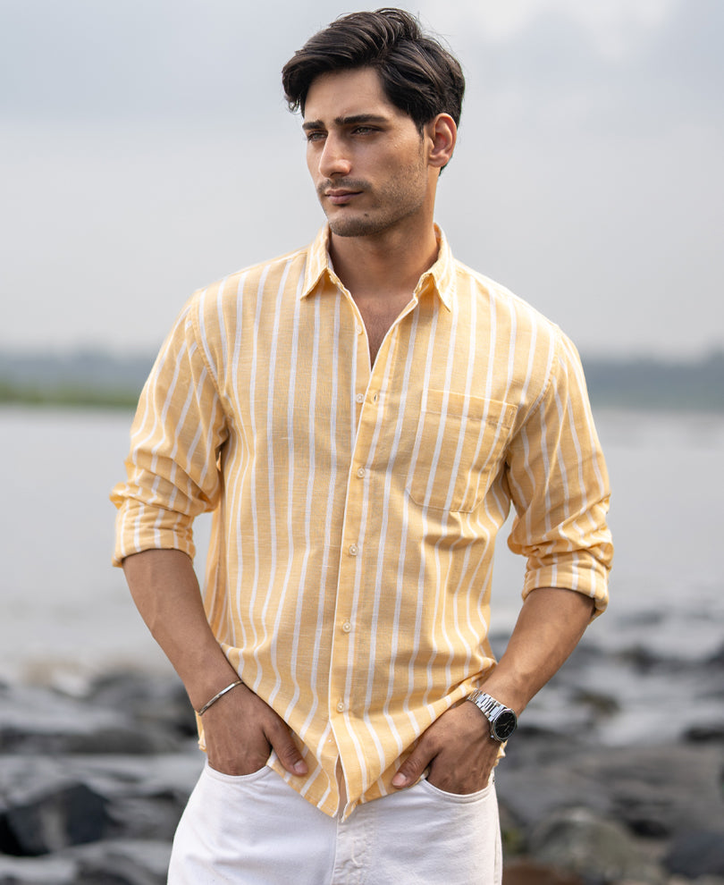 Yellow Cotton Blend Stripe Shirt