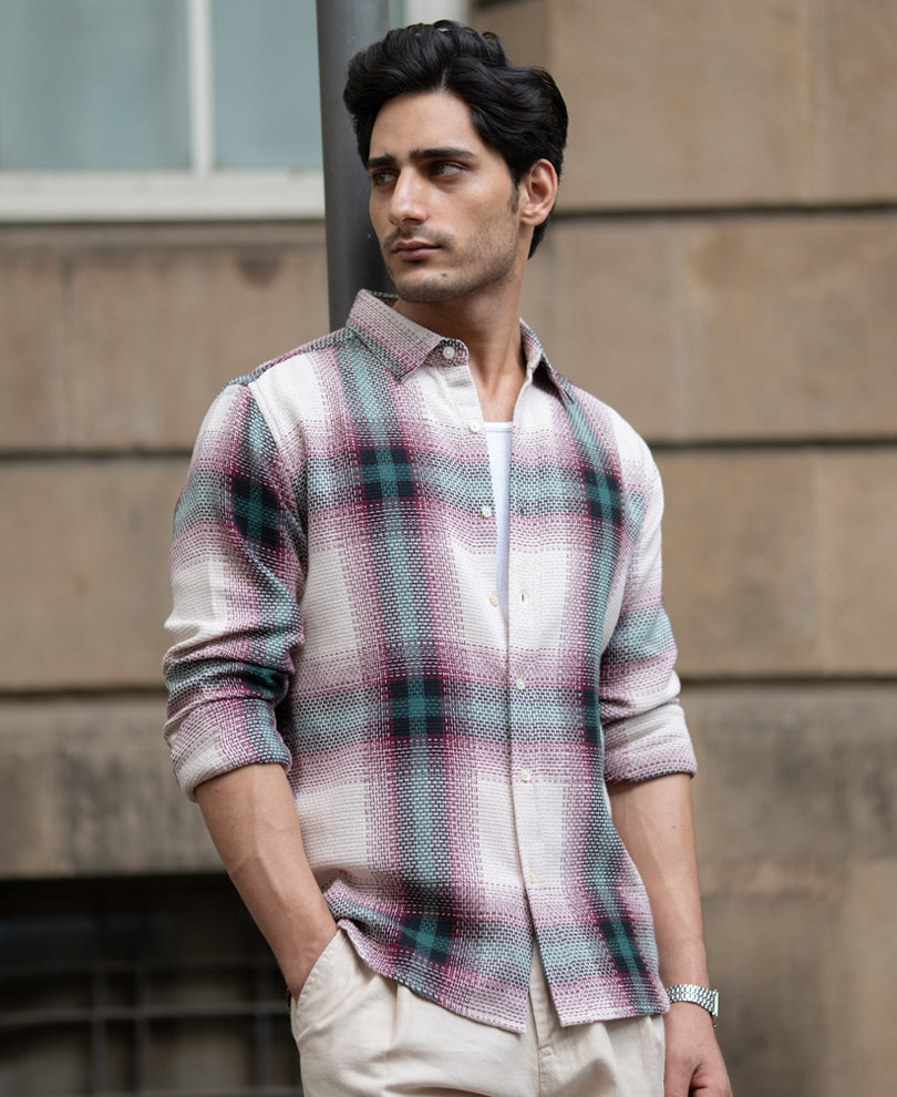 Green & Off-White Structured Checks Shirt