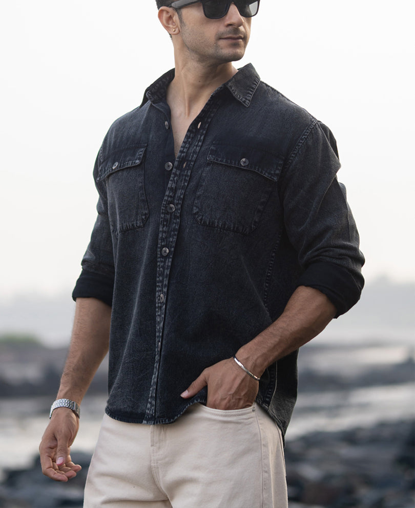 Black Charcoal Washed Denim Shirt