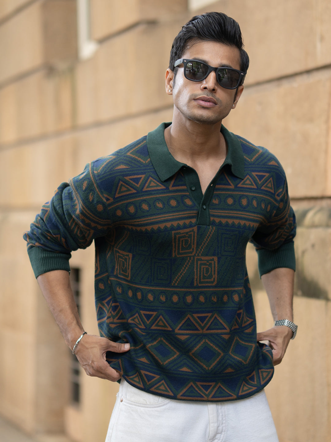 Multicolour Geometric Jacquard Knit T-Shirt