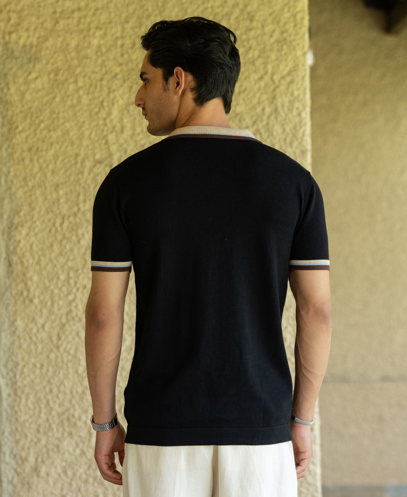 Black Contrast Collar Knit T-Shirt 100% Cotton