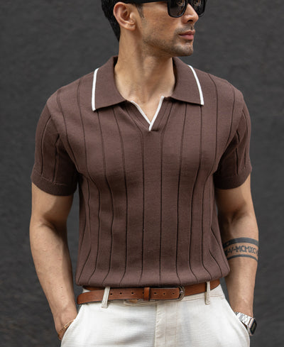 Brown Structured Knit Polo T-Shirt