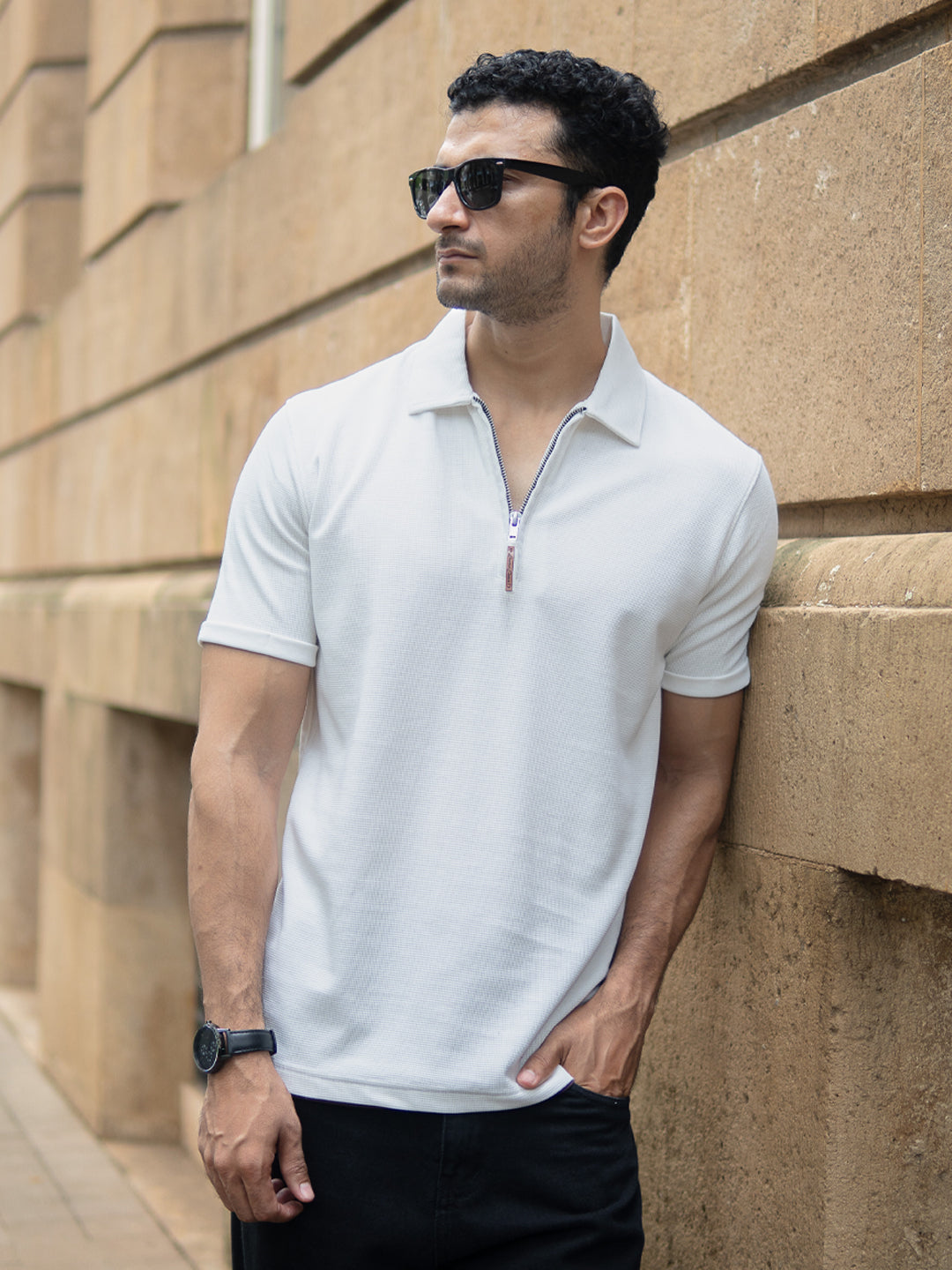 White Knit Zipper Polo T-Shirt