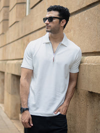 White Knit Zipper Polo T-Shirt