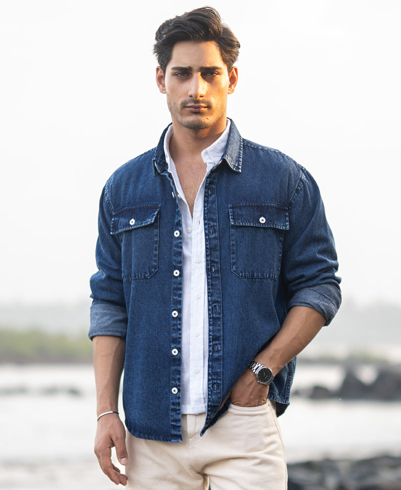 Dark Blue Washed Denim Full Sleeves Shirt.