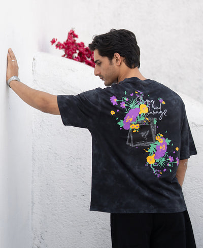 Black Washed Floral Print T-Shirt.