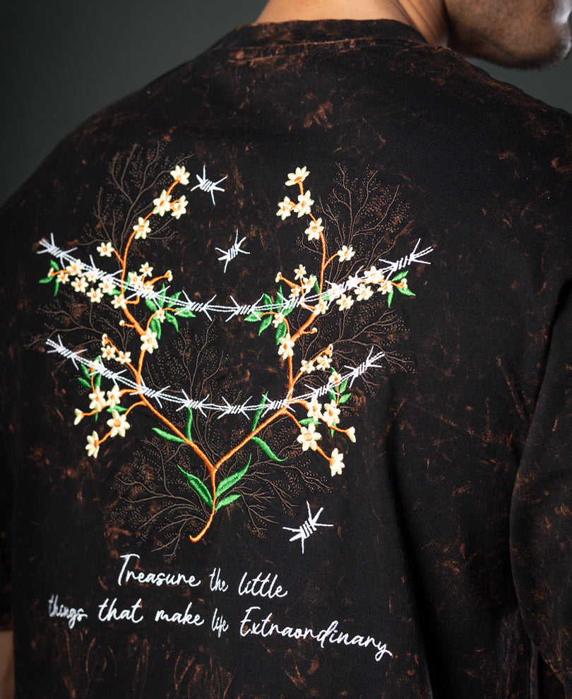 Dark Brown Floral Embroidery T-Shirt.