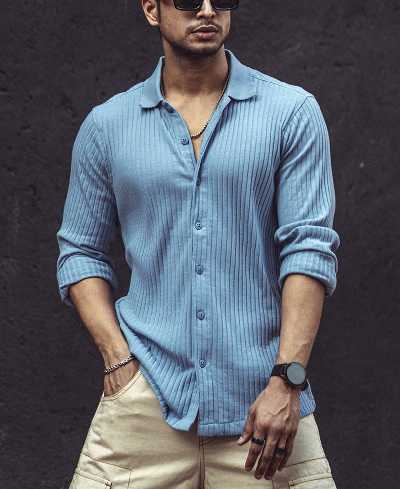 Sky Grey Rib-Knit Full Sleeves Shirt