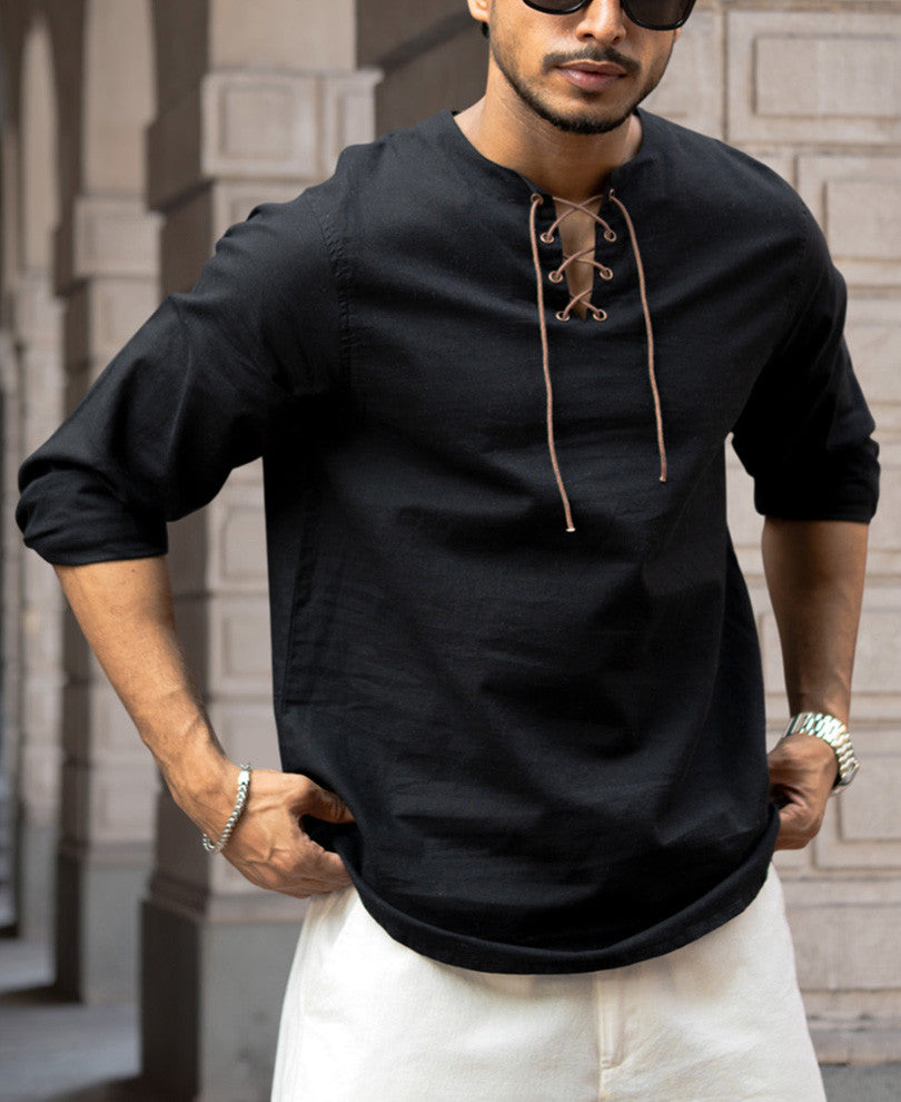 Black Regular Fit Kurta Style Full Sleeves Shirt