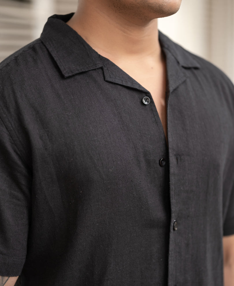 Black Linen Regular Fit Half Sleeves Shirt