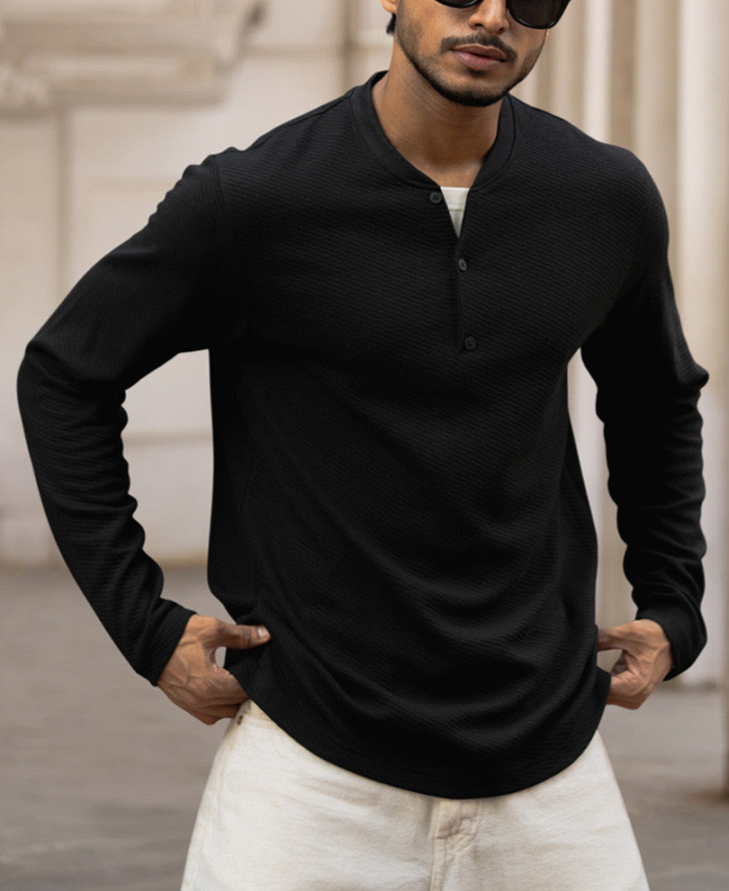 Black Structured Regular Fit Full Sleeves T-Shirt