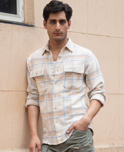 Beige Double Pocket Checks Shirt