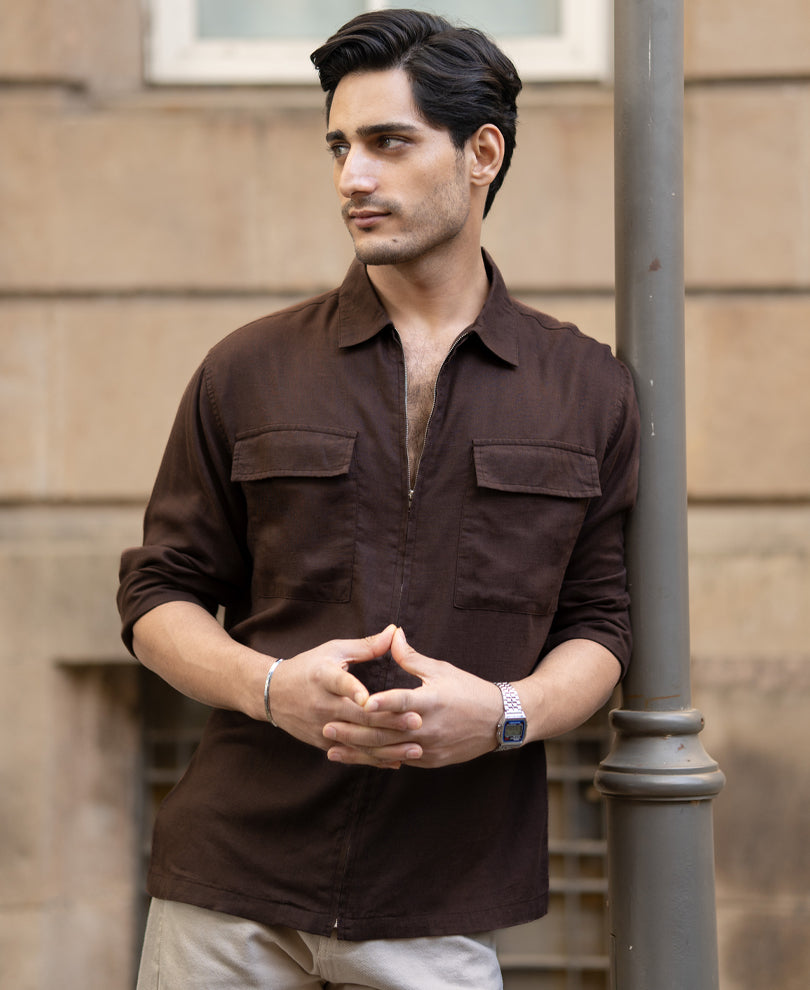 Coffee Brown Linen Blend Zipper Shirt