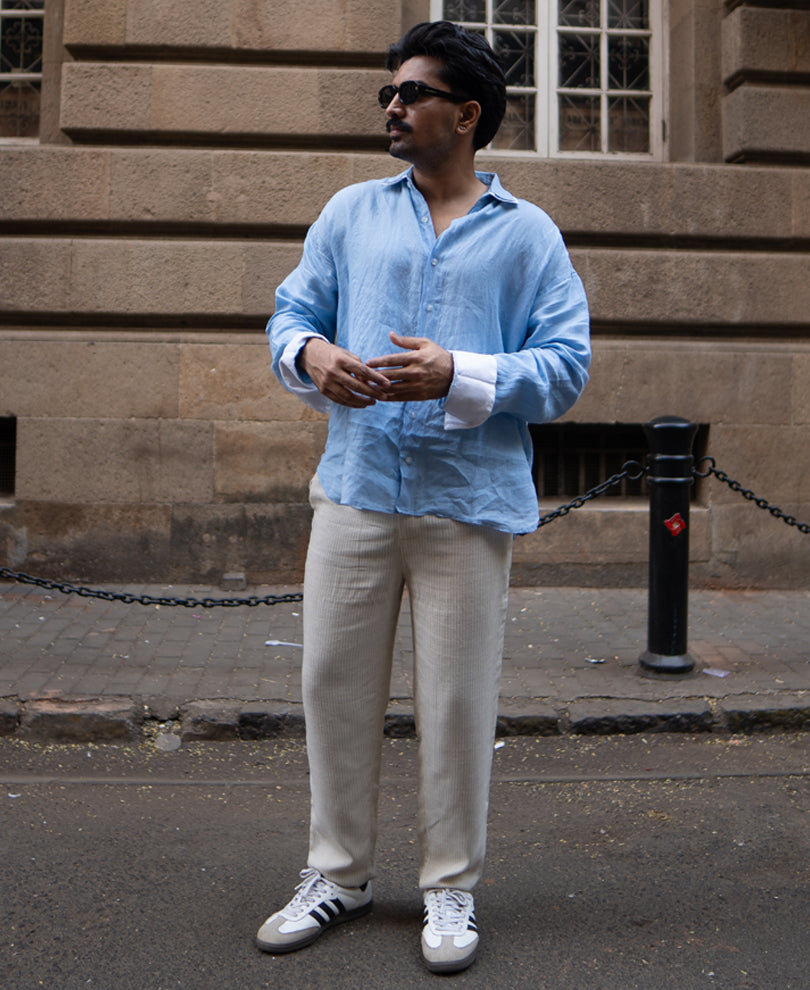 Beige Self Stripe Linen Pant.