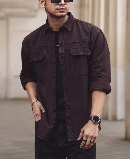 Denim Shirts- Dark Brown Chest Pocket Plain Shirts for Men Online Powerlook