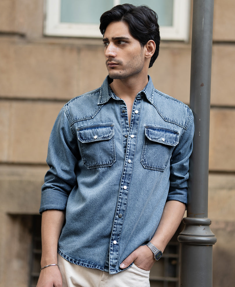 Mid Blue Denim Overshirt.