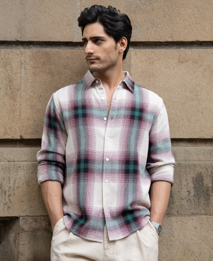 Green & Off-White Structured Checks Shirt