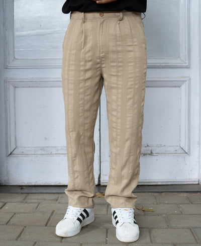 Beige Structured Pleated Cotton Trousers