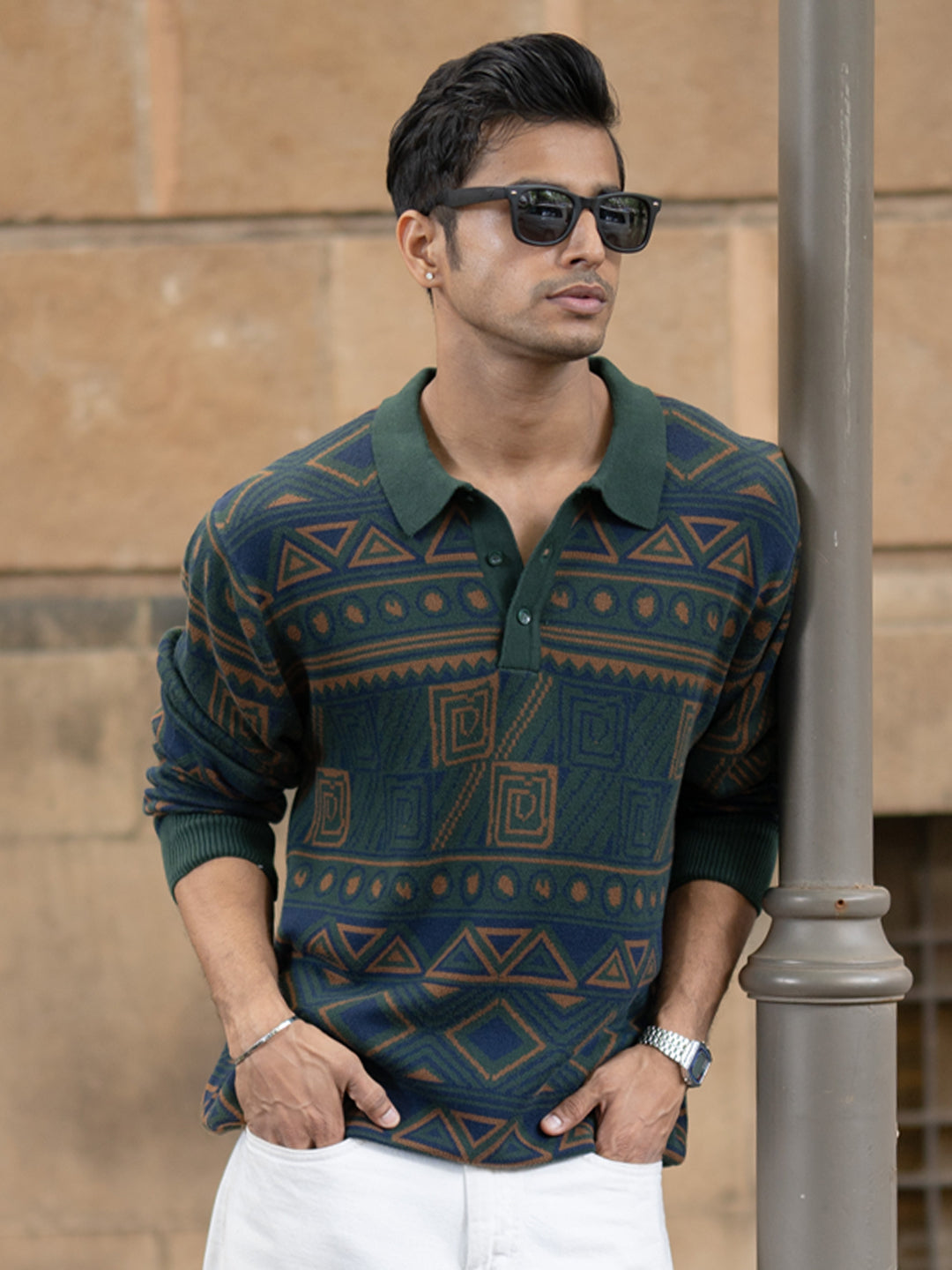 Multicolour Geometric Jacquard Knit T-Shirt