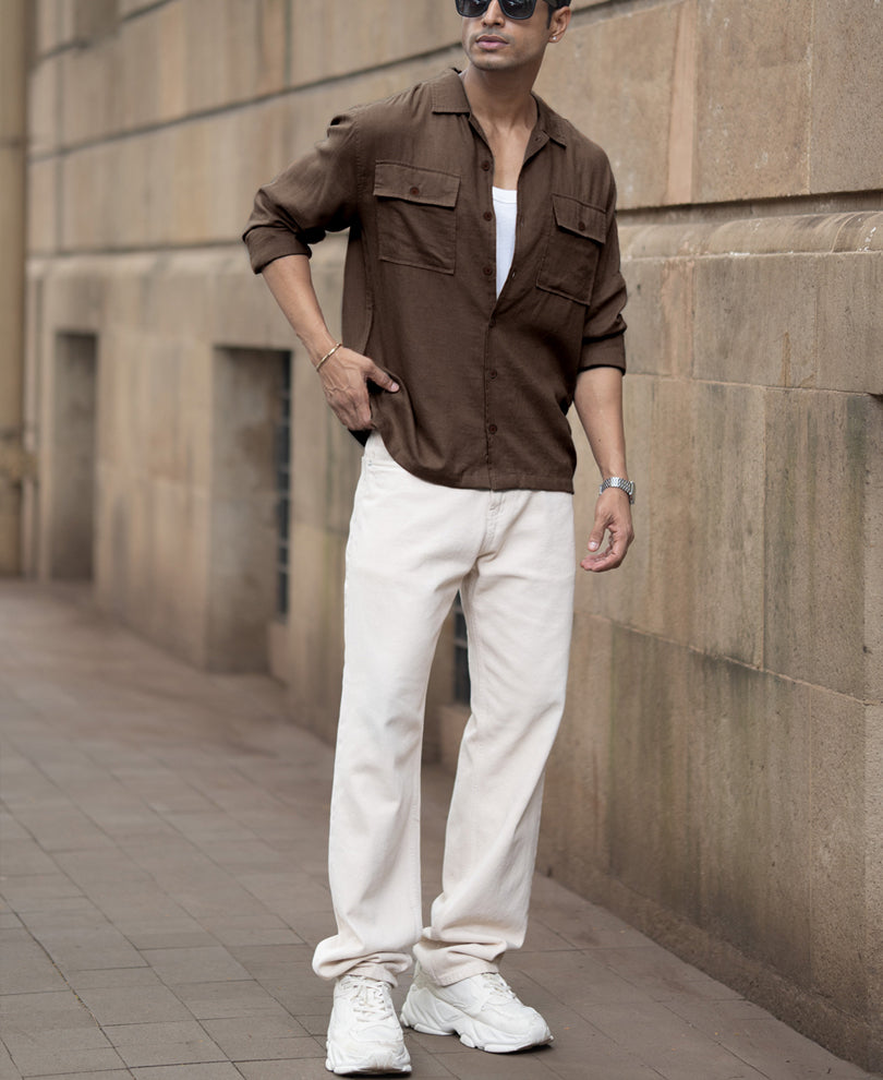 Brown Linen Double Pocket Shirt