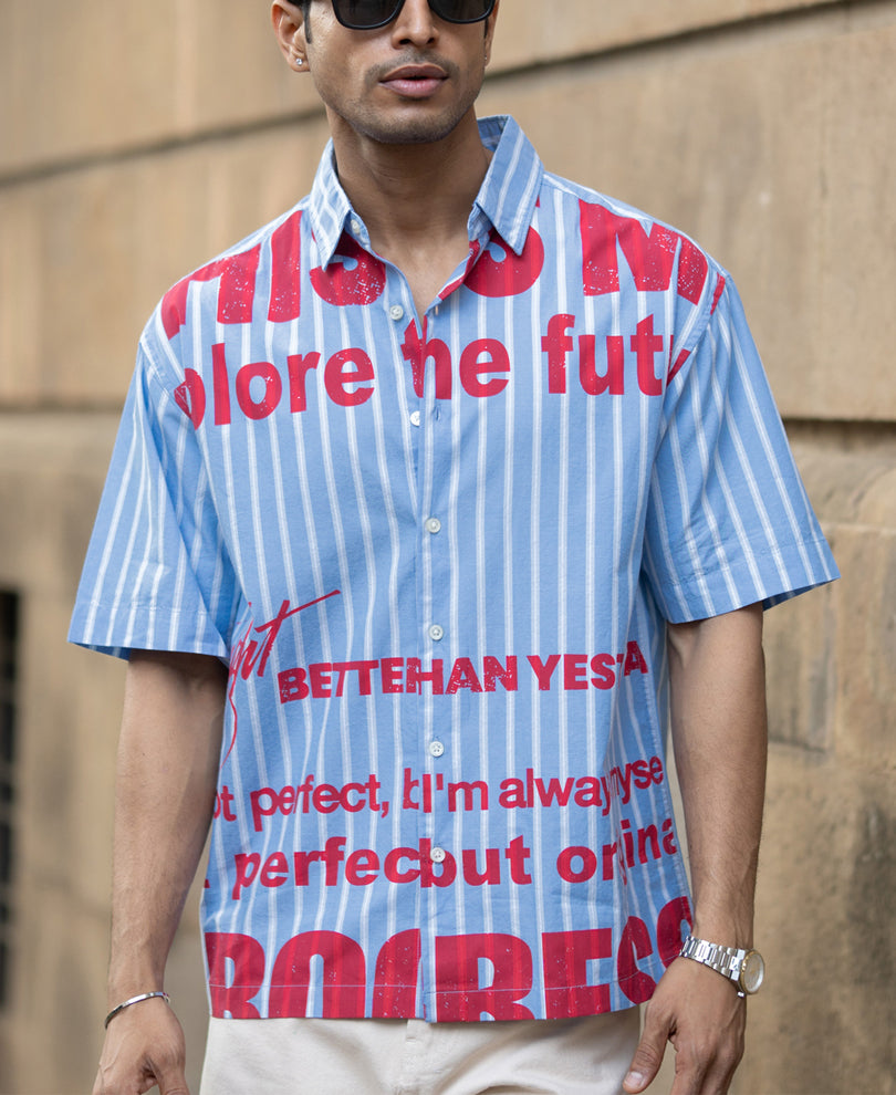 Blue Slogan Print Stripe Shirt.