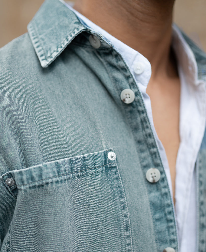 Mid Blue Washed Denim Shirt.