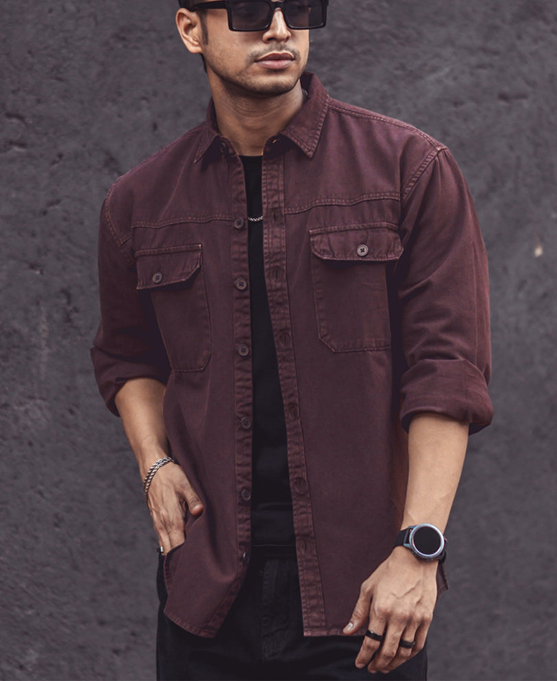 Dark Brown Denim Shacket Full Sleeves Shirt