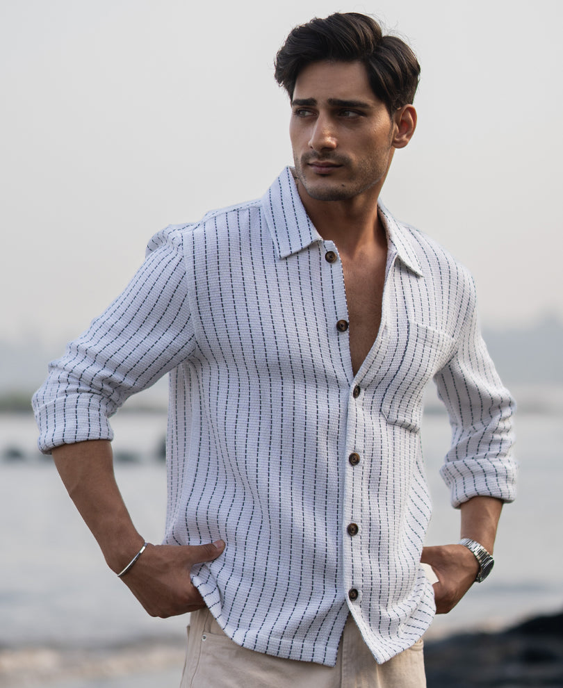 White Structure Stripe Overshirt