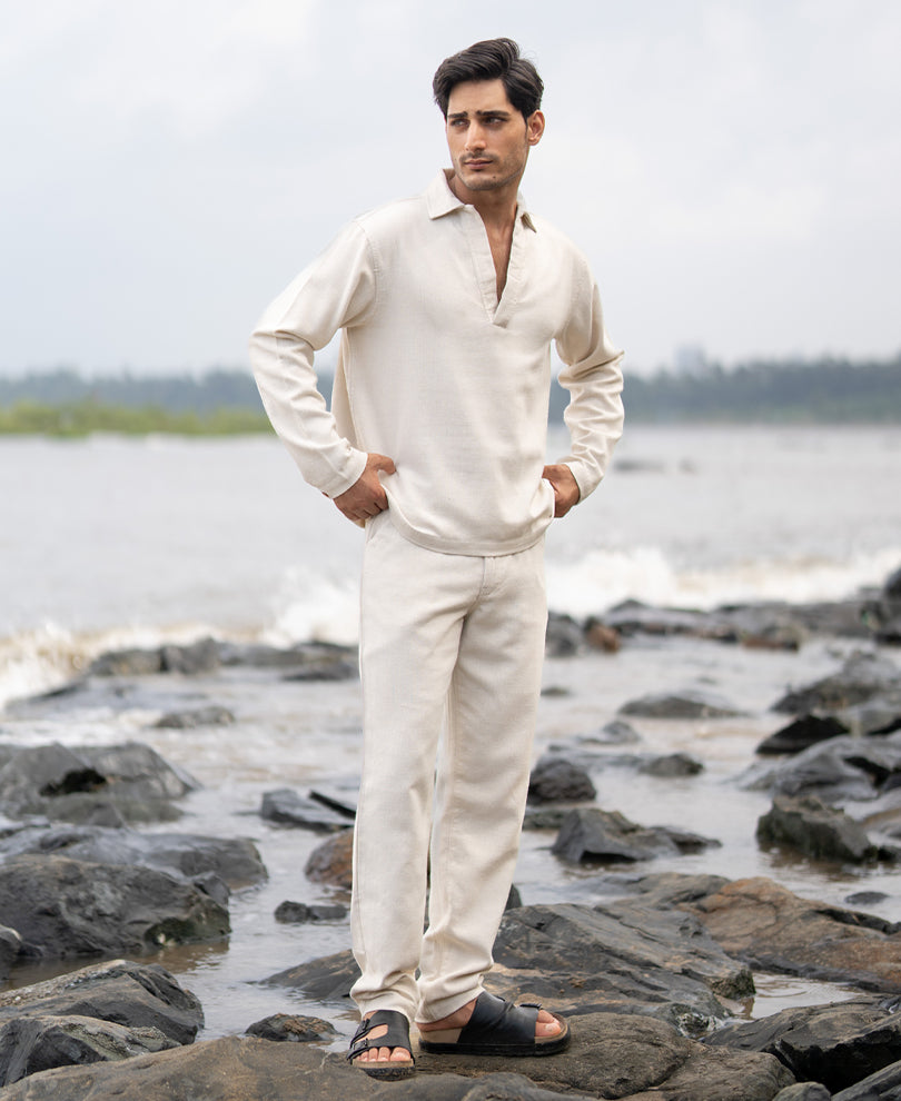 Cream Structured Cotton Trouser