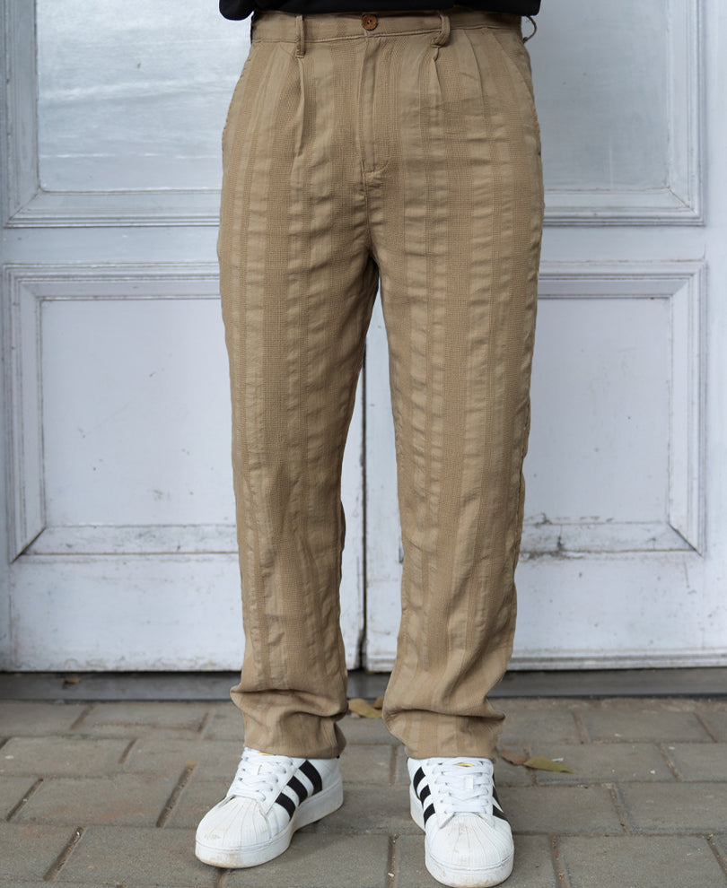 Beige Structured Pleated Cotton Trousers.
