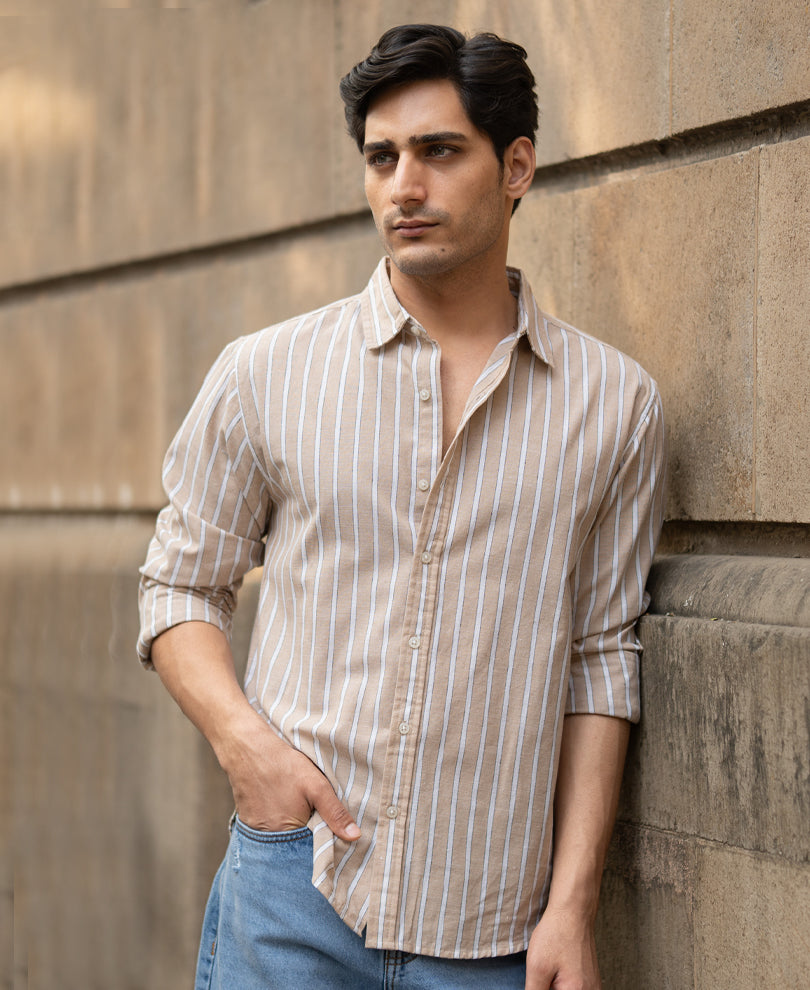 Tan Cottom Stripe Shirt.