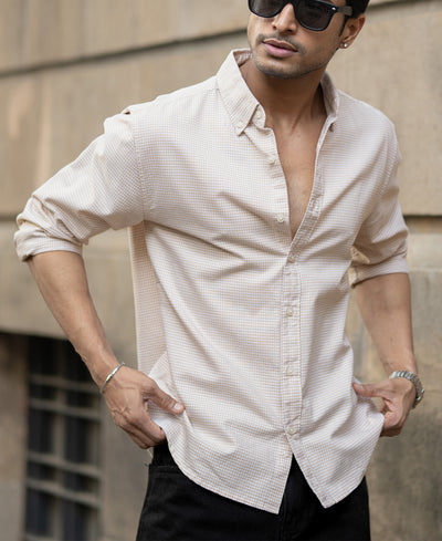 Beige Microchecks Oxford Shirt