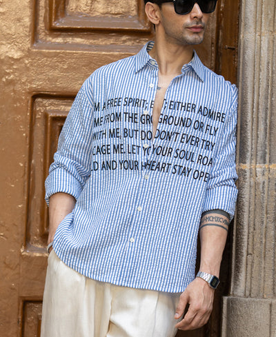 Blue Seersucker Printed Shirt 100% Cotton