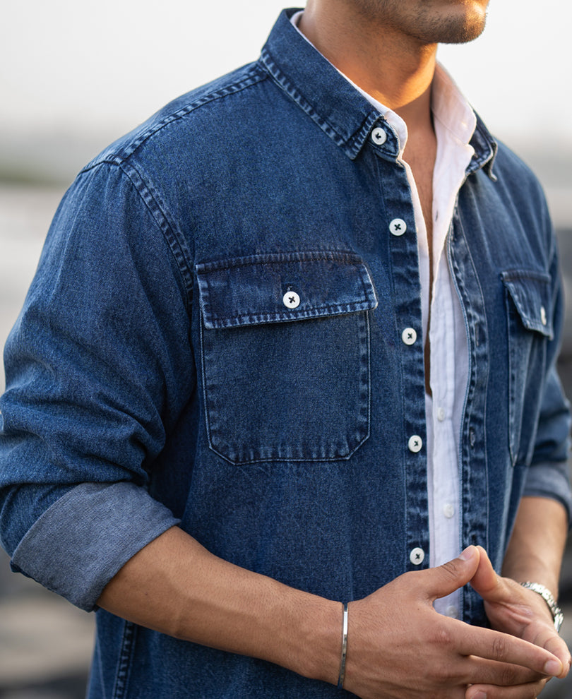 Dark Blue Washed Denim Full Sleeves Shirt.