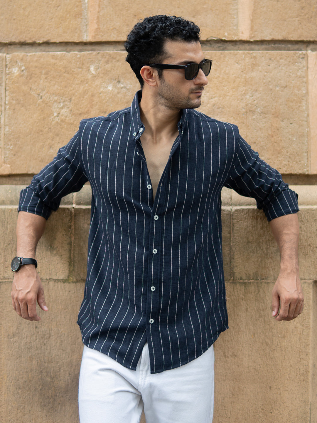 Dark Blue Flowy Striped Shirt