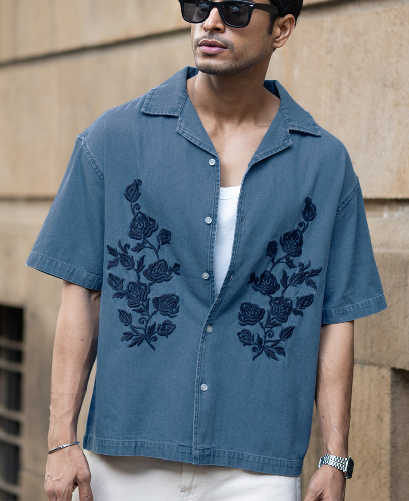 Mid Blue Embroidered Denim Shirt.