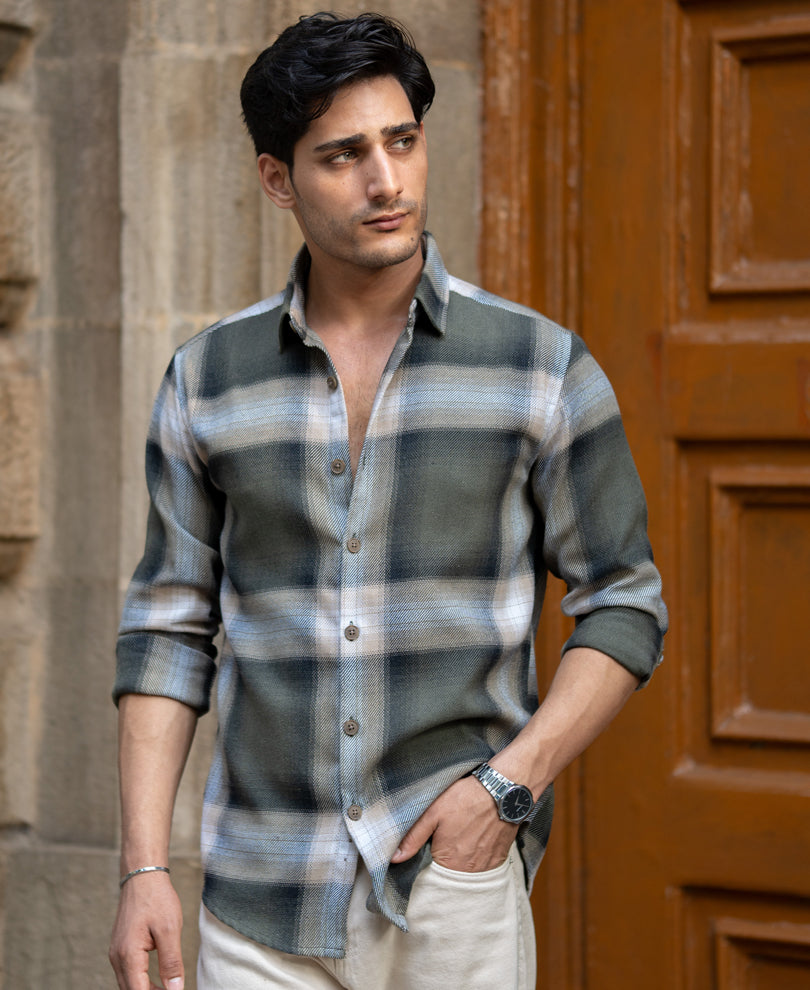 Olive Twill Checks Shirt.