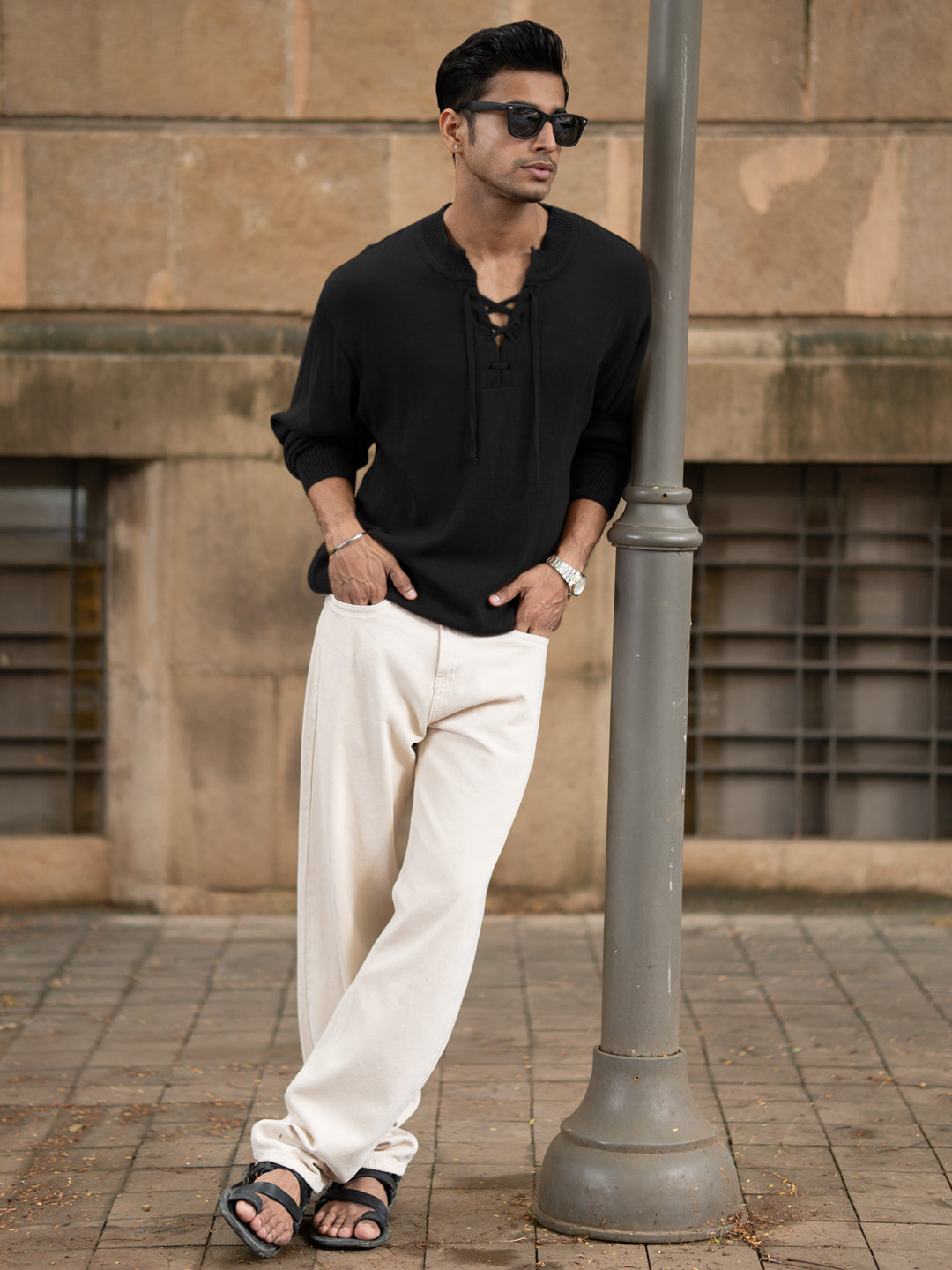 Black Knitted Henley Full Sleeves T-Shirt
