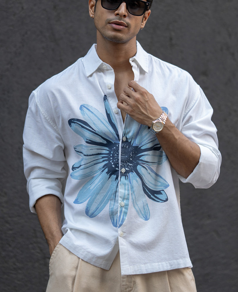 White Printed Boxy Lightweight Shirt.