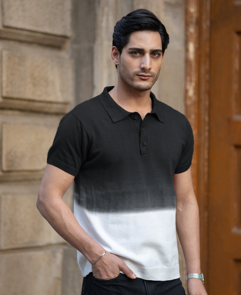 Black Ombre Knit Polo T-Shirt