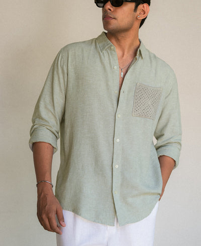 Sage Linen Blend Crochet Shirt